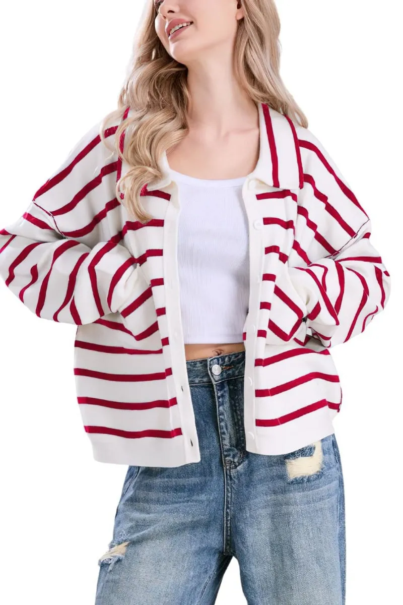 Chouyatou Women's Button Down Striped Cardigan Sweater Polo Collar Open Front Knit Jacket 2024 Fall Outfits
