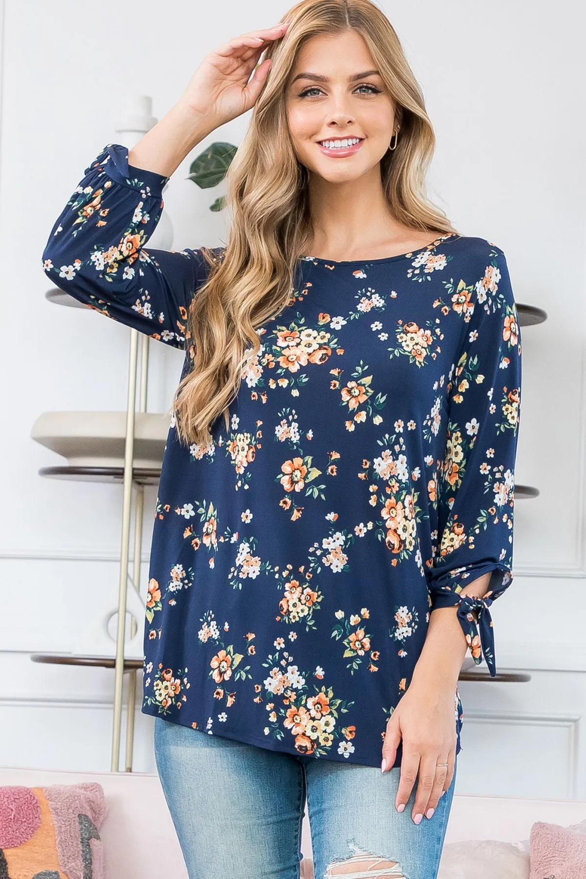 Floral Quarter Tie Knot Detail Sleeve Top