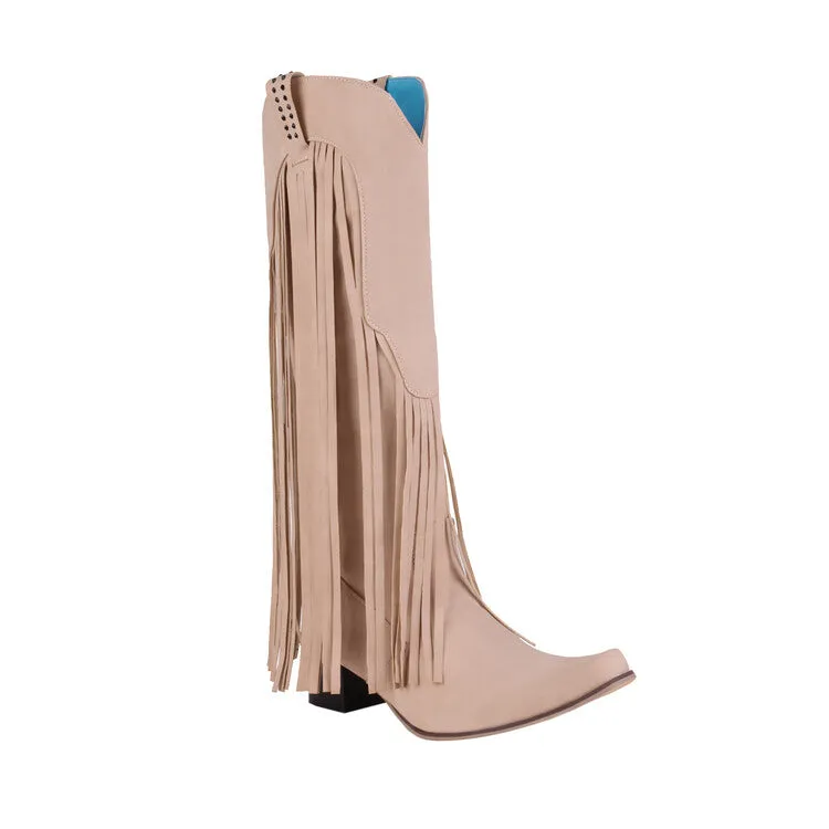 Women's Flock Pointed Toe Tassel Rivets Block Heel Cowboy Mid Calf Boots