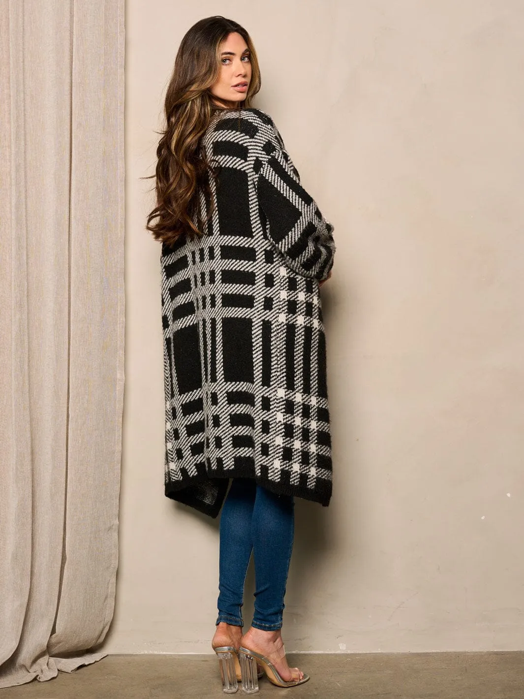 WOMEN'S LONG SLEEVE OPEN FRONT CHERCKER PRINT CARDIGAN