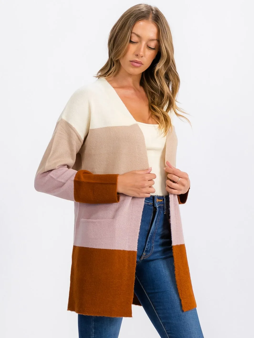 WOMEN'S LONG SLEEVE OPEN FRONT POCKETS COLORBLOCK CARDIGAN