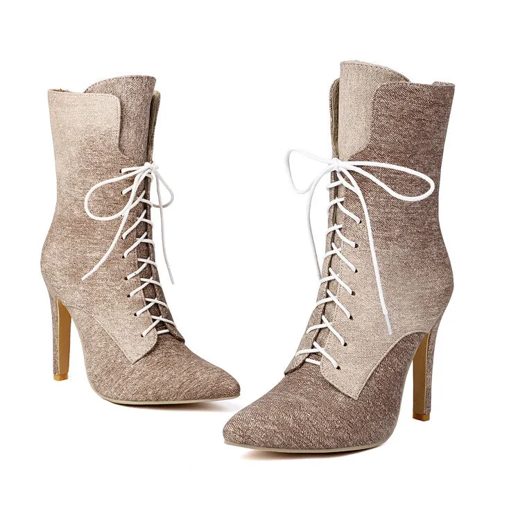 Women's Pointed Toe Lace-up High Heel Ankle Boots