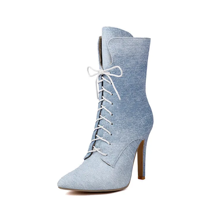 Women's Pointed Toe Lace-up High Heel Ankle Boots