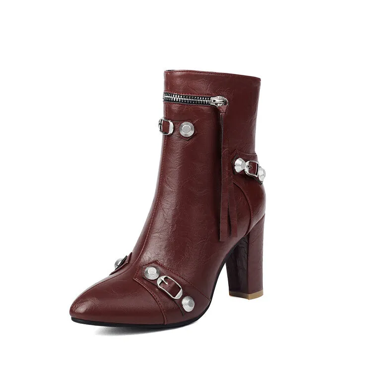 Women's Rivets Pointed Toe Block Heel Ankle Boots